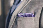silk pocket square Purple micro chain pattern purple paisley foundation menswear gray suit