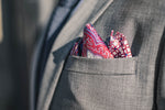 Red paisley silk pocket square geometric pattern gray suit
