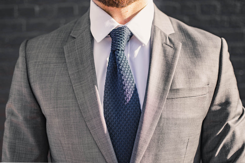 silk navy knit tie square foundation menswear gray suit