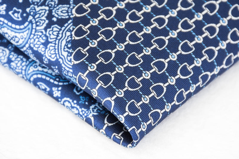 Navy silk pocket square micro chain pattern light blue paisley foundation menswear