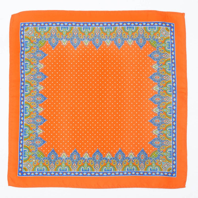 Silk Pocket Square - Orange Dot Pattern with Blue Border