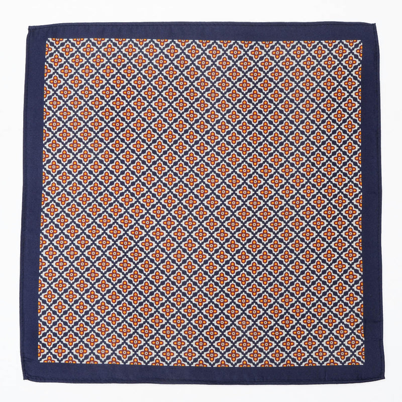 Silk Pocket Square - Navy and Orange Geometric Floral Pattern