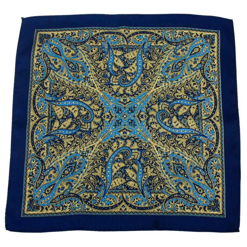 Silk Pocket Square - Blue and Gold with Paisley Pattern