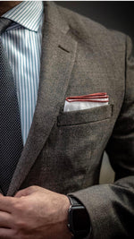 white cotton pocket square burgundy tip gray suit