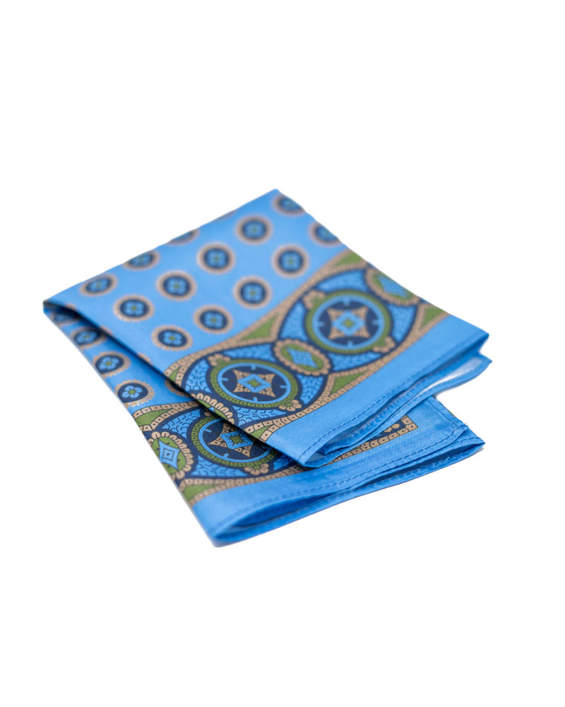 Silk Pocket Square - Light Blue With Gold Floral Pattern